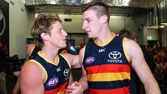 Rory Sloane and Josh Jenkins celebrate after the round 15 win over West Coast. Pic: Getty Images