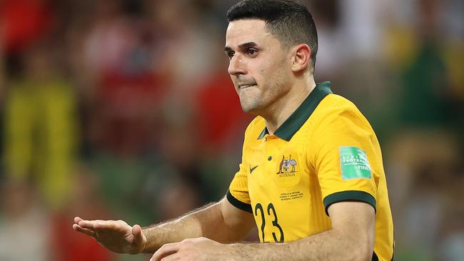 MELBOURNE, AUSTRALIA - JANUARY 27: Tom Rogic of Australia celebrates after scoring a goal during the FIFA World Cup Qatar 2022 AFC Asian Qualifier match between Australia Socceroos and Vietnam at AAMI Park on January 27, 2022 in Melbourne, Australia. (Photo by Robert Cianflone/Getty Images)