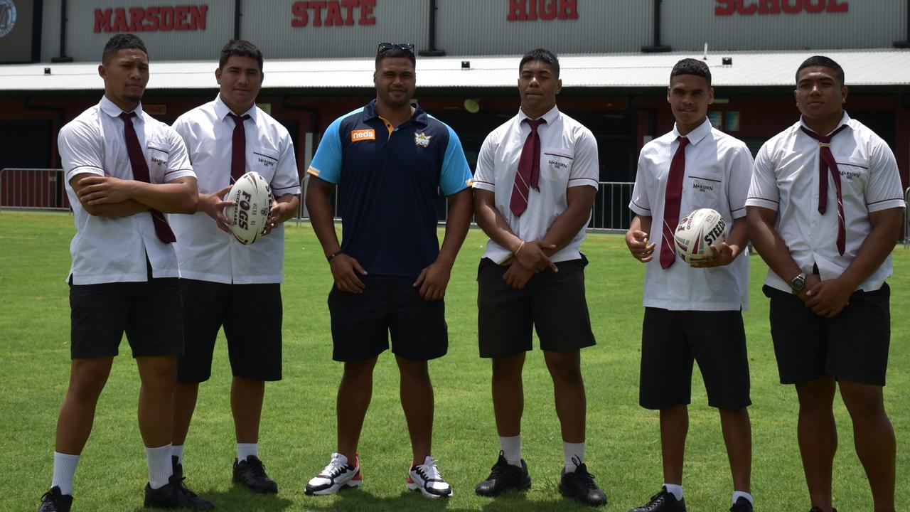 Marsden SHS students with Gold Coast’s Sam Lisone. Logan City is a source of talent for the club. PIC: Kimberley Chadburn