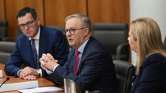 Anthony Albanese at an April national cabinet meeting in Brisbane, flanked by Queensland Premier Annastacia Palaszczuk and Victorian Premier Daniel Andrews. Picture: Lyndon Mechielsen