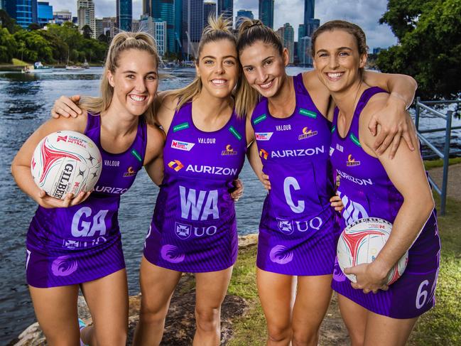 The Queensland Firebirds’ leadership group for 2023 was Mia Stower, Lara Dunkley, Kim Ravaillion and Gabi Simpson. Stower and Simpson are no longer at the club. Picture: Nigel Hallett