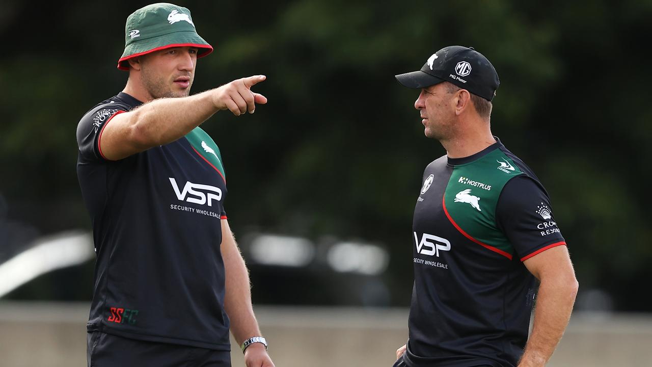 Sam Burgess (L) is an assistant coach at South Sydney. (Photo by Mark Kolbe/Getty Images)