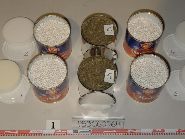 Some tins were weighed down with gravel to ensure the total shipment weighed the same as a legitimate one. Picture: Australian Federal Police