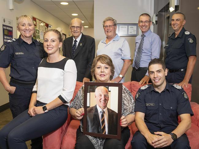 An annual police community leadership award handed out by Pascoe Vale Rotary will have its name changed in honour of Stephen Bull. Back L-R former award recipient Alicia Lippiatt, Pascoe Vale Rotary Club’s Brian McDougall and Monty Montgomery, Ray Freeman and Tony Cambridge, both former award recipients. Front Stephen Bull’s daughter Julia Peters and his partner Adele Peters with award winner Mark Franco. Picture: Ellen Smith.