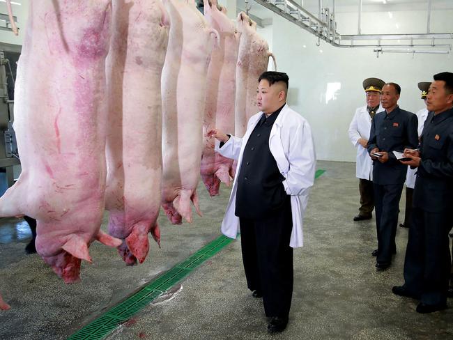 North Korean leader Kim Jong-un is pictured visiting a pig farm at Taechon Air Base of the Korean People's Army. Picture: AFP/KCNA via KNS