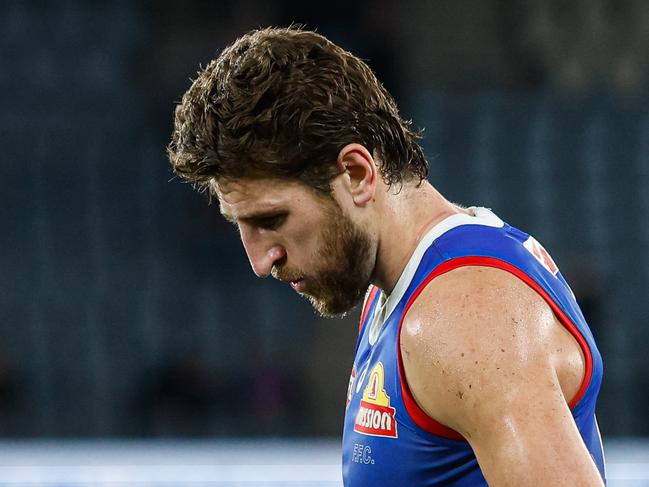 MELBOURNE, AUSTRALIA - JUNE 07: Marcus Bontempelli of the Bulldogs looks dejected after a loss during the 2024 AFL Round 13 match between the Western Bulldogs and the Brisbane Lions at Marvel Stadium on June 07, 2024 in Melbourne, Australia. (Photo by Dylan Burns/AFL Photos via Getty Images)