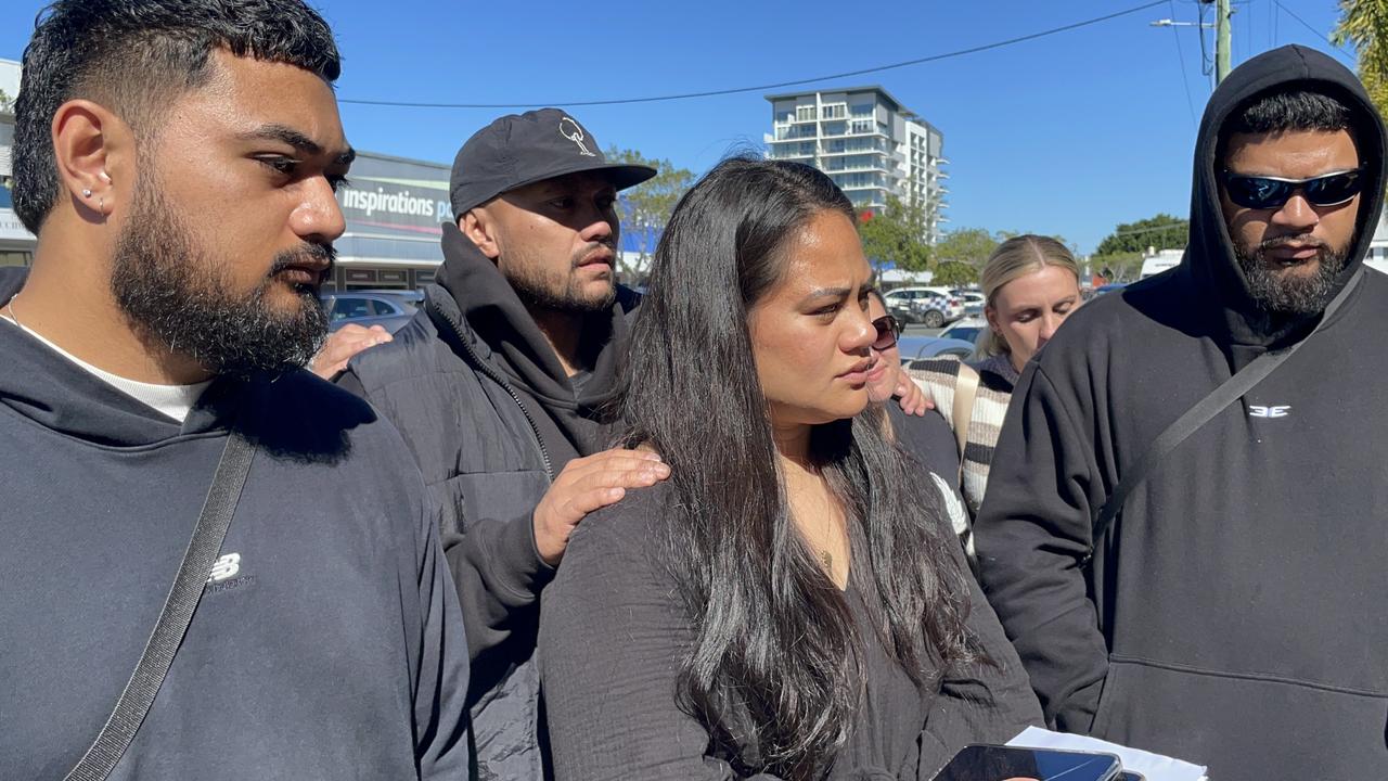 Sharmagne Fa'apepele, (centre) the sister of murdered man Birdsall Fa'apepele, speaks to media outside Mackay courthouse after watching his killer Steven Dean Michael Walker-Ely jailed for life. Standing with her are friends and family of Birdsall. Picture: Janessa Ekert