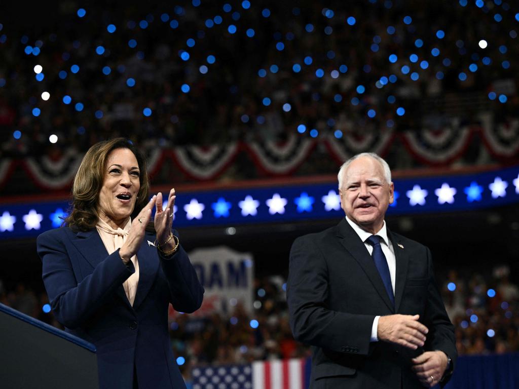 The US Vice President with her running mate Minnesota Governor Tim Walz. Picture: AFP