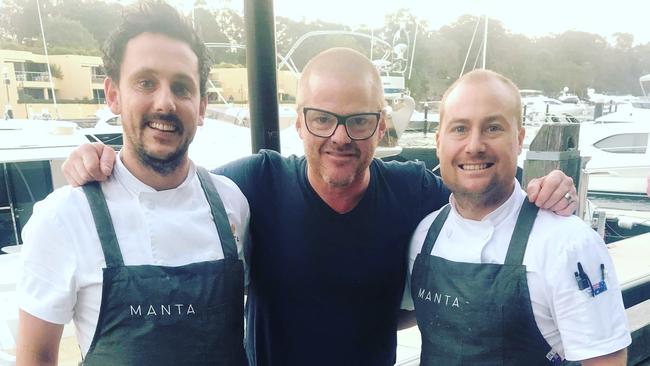 Heston Blumenthal with Manta Head Chef Steve Hetherington and Executive Chef Daniel Hughes.