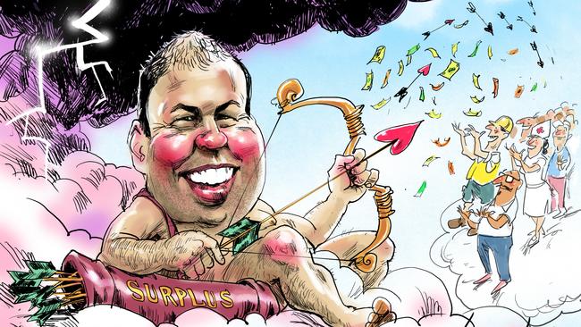 Johannes Leak artwork for Page One of the 2019 Federal Budget newspaper Version: Budget  (Original)COPYRIGHT: The Australian's artists each have different copyright agreements in place regarding re-use of their work in other publications.Please seek advice from the artists themselves or the Managing Editor of The Australian regarding re-use.