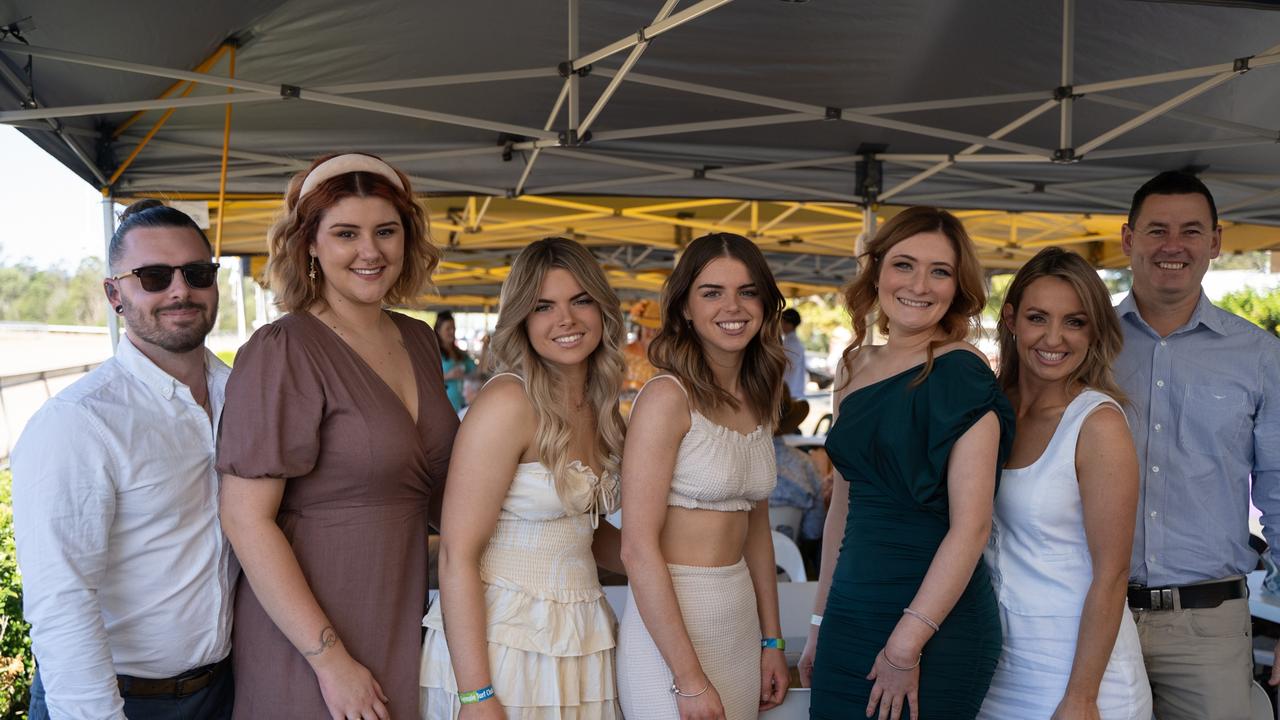 Tim Turnbull, Whitney Turner, Jamie McKinley, Georgia McKinley, Rylea Regazzoli, Loretta Isaacs and Daniel Isaacs at the Gympie Muster Races. Saturday, August 19,. 2023. Picture: Christine Schindler