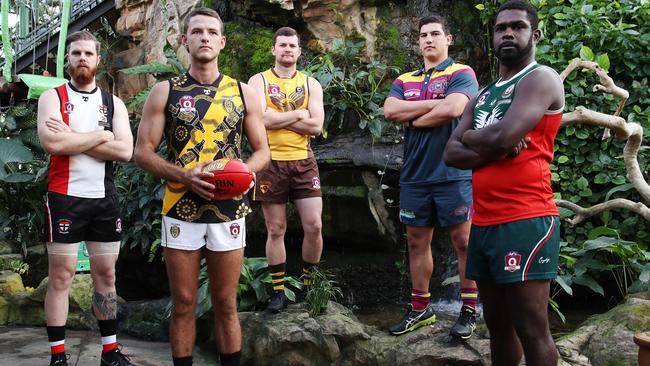 PREMIERSHIP CAMPAIGNERS: AFL Cairns has relaunched its 2020 season at the Cairns Zoom and Wildlife Dome — (from left) Cairns Saints’ Zeb Paulger, Norths Tigers’ Anthony Stewart, Manunda Hawks’ Boe Halter, Cairns City Lions’ Brodie Deverell and South Cairns Cutters’ Dwayne Bosen. PICTURE: BRENDAN RADKE.