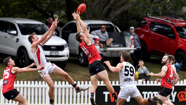 Redland player Adrian Williams takes a mark QAFL match between Redland Victoria-Point v Morningside Panthers. Saturday June 26, 2021. Photo: John Gass.