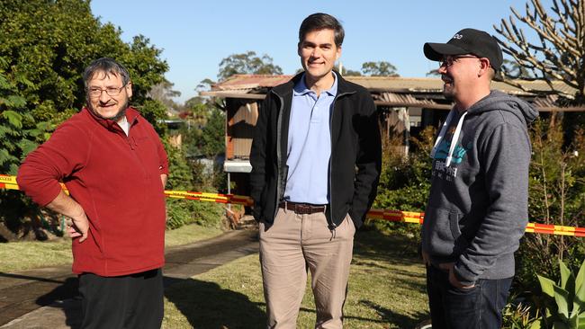 Neighbours Dennis, Gus Medeiros and Deke Rayner-Harvey rushed to the aid of their elderly neighbours as the home burned down. Picture: John Grainger