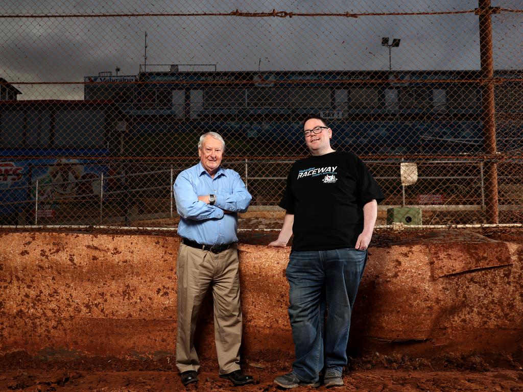 Speedway journalist Dennis Newlyn (left) and Speedway statistician Shaun MacDonald at the Sydney Speedway in Granville. Picture: Jonathan Ng