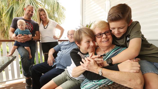 Case and Betty Van Duikeren, grandkids Charlie, 12, Will, 10, and Samuel, 1, son Glenn and partner Sarah Dixon look forward to Mother’s Day on Sunday. Picture: Lyndon Mechielsen