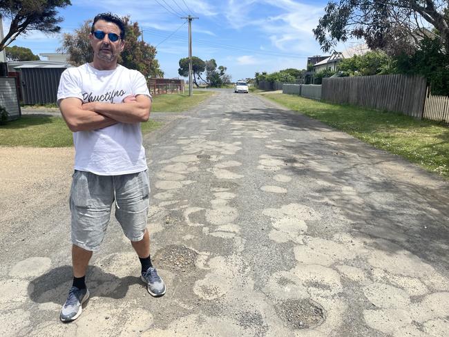 Phillip Island residents are pushing for long-term repairs on Sunset Strip, describing the potholes ‘like craters of the moon’. Picture: Jack Colantuono