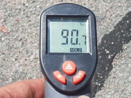 Vj Sumiller posted his road temperature readings on Facebook to warn pet owners about the dangers of walking their dogs on the road. Picture: VJ Sumiller