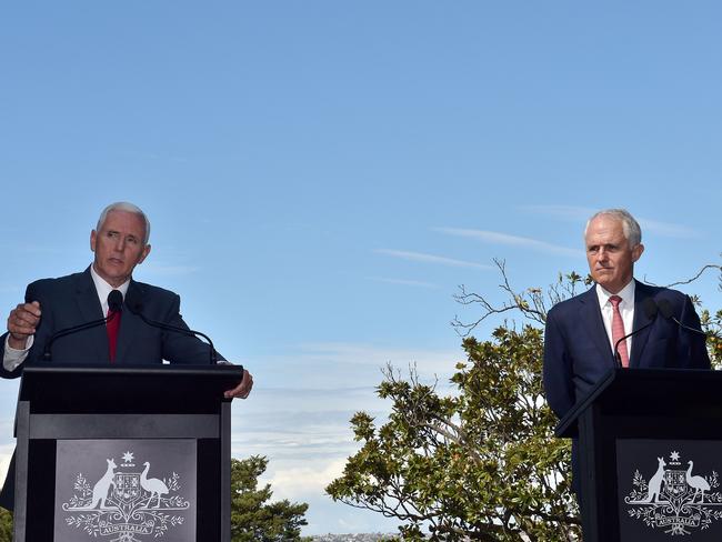 US Vice President Mike Pence (left) speaks at a joint press conference with Australia's Prime Minister Malcolm Turnbull at Kirribilli House in Sydney on Saturday. Picture: Saeed Khan/AFP