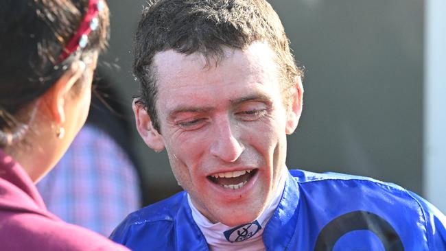 Lee Horner is interviewed after winning the 2023 Grand National Steeplechase aboard Brungle Bertie. Picture: Reg Ryan / Racing Photos