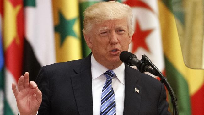 President Donald Trump delivers a speech to the Arab Islamic American Summit, at the King Abdulaziz Conference Center, Sunday, May 21, 2017, in Riyadh, Saudi Arabia. Picture: AP/Evan Vucci.