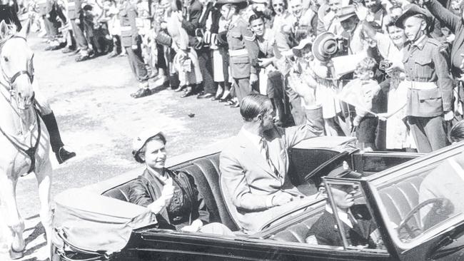 Queen Elizabeth and Prince Phillip wave to an adoring crowd in 1954. Picture: Supplied