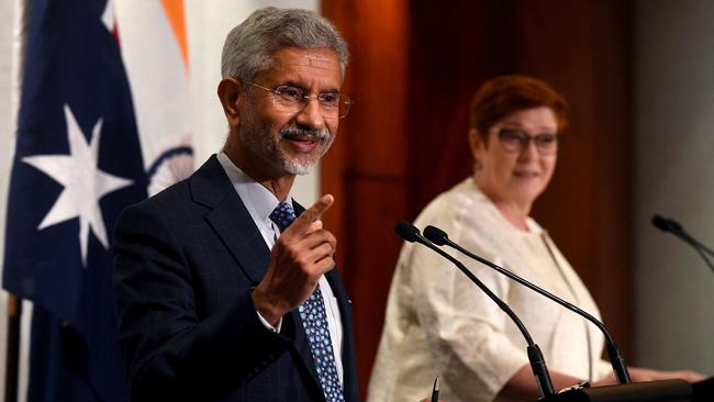 Subrahmanyam Jaishankar and Marise Payne take questions after a bilateral meeting during the Quad in Melbourne on February 12. Picture: AFP