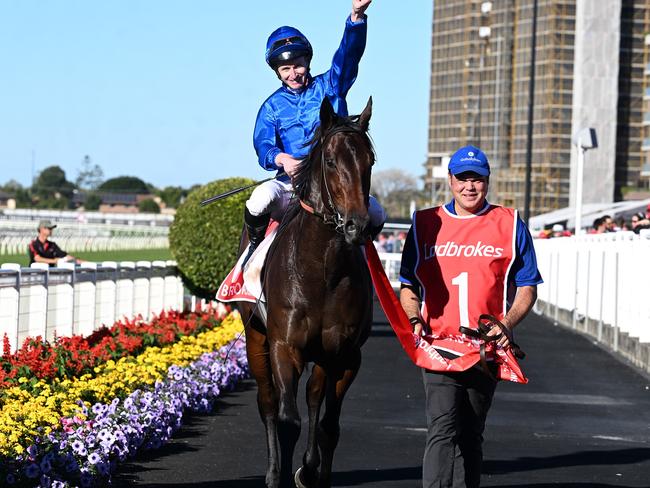 James McDonald admires his work aboard Broadsiding in the Group 1 JJ Atkins for trainer James Cummings. Picture: Grant Peters - Trackside Photography