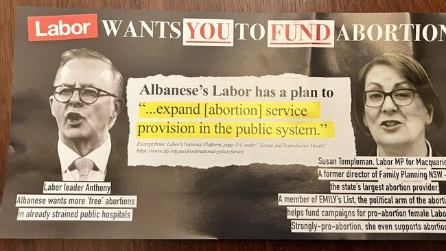 An advertising campaign has targeted Labor candidates for allegedly wanting to allow abortions in public hospitals. Image: Twitter, Saffron Howden