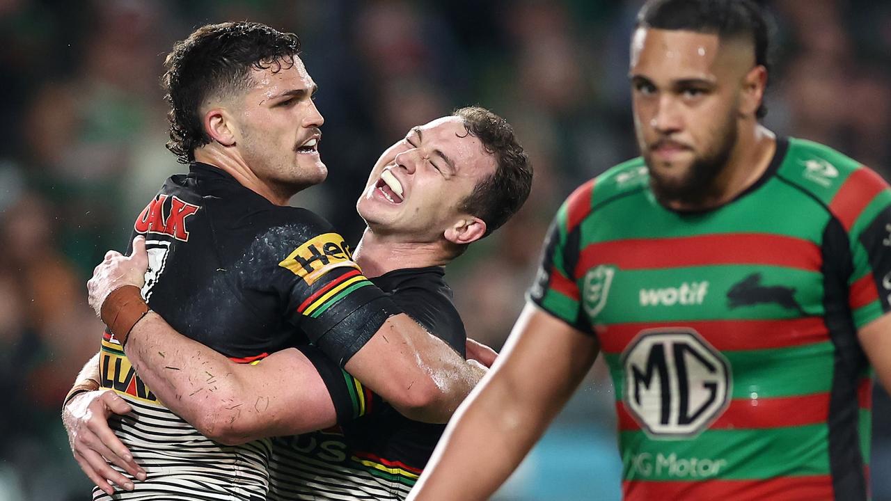 Nathan Cleary of the Panthers celebrates with Dylan Edwards.