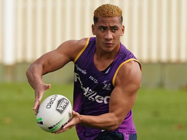 Dean Ieremia runs with the ball during a Melbourne Storm NRL training session at Albury Sports Ground in Albury, Wednesday, May 6, 2020. (AAP Image/Scott Barbour) NO ARCHIVING