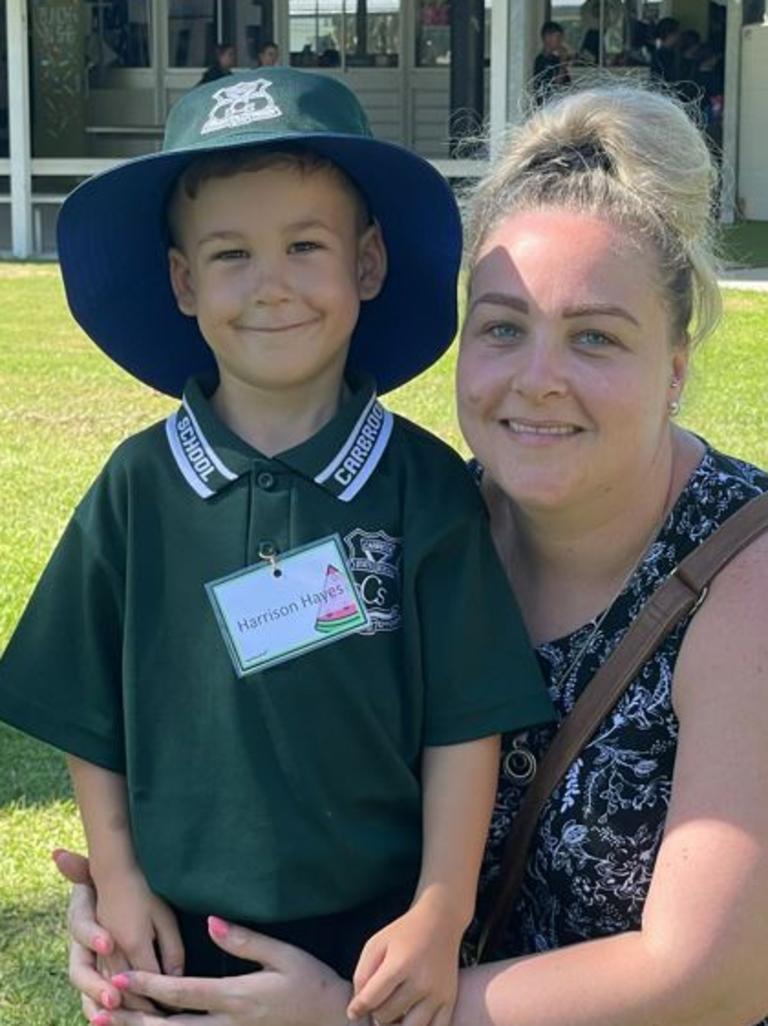 Harrison Hayes and mum Sam Harris ready for the first day of school in 2024 at Carbrook State School. Pictures: Elliott Turner