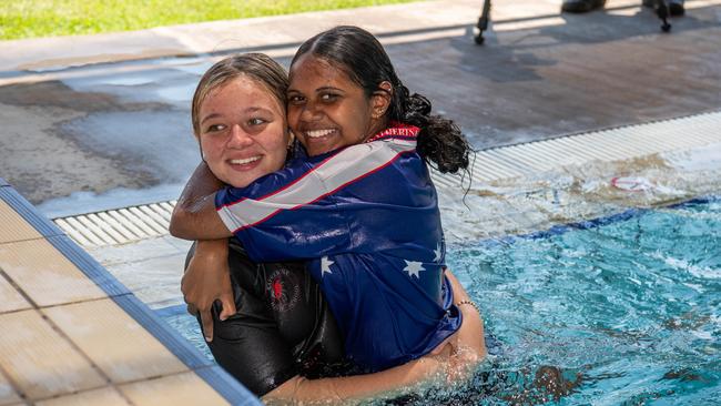 Charlie Mazzarraca and Soraya Ward as Olympians and scholarship coaches run training sessions for Katherine youth at RAAF Base Tindal. Picture: Pema Tamang Pakhrin