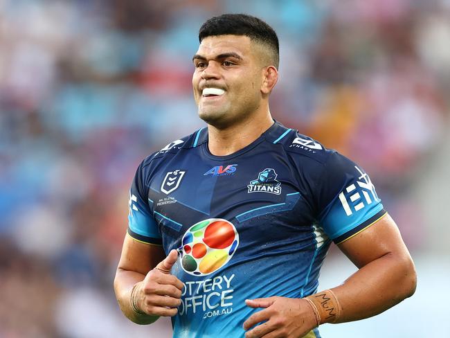 GOLD COAST, AUSTRALIA - APRIL 05: David Fifita of the Titans looks on during the round five NRL match between Gold Coast Titans and Dolphins at Cbus Super Stadium, on April 05, 2025, in Gold Coast, Australia. (Photo by Chris Hyde/Getty Images)