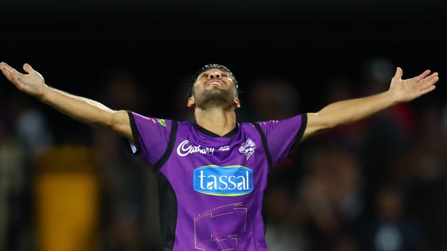 Qais Ahmad looks to the heavens after claiming a wicket for Hobart Hurricanes.