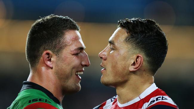 South Sydney’s Sam Burgess and Roosters’ Sonny Bill Williams come together after an NRL game.