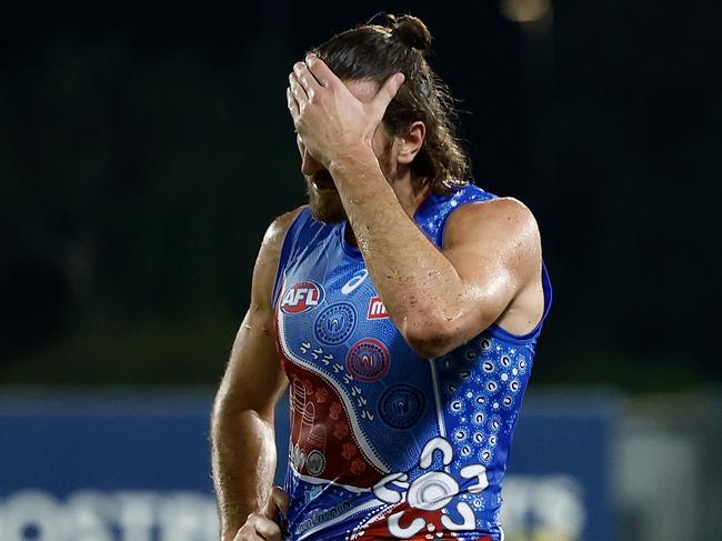 DARWIN, AUSTRALIA - MAY 10: Marcus Bontempelli of the Bulldogs looks dejected after a loss during the 2025 AFL Round 09 match between the Gold Coast Suns and the Western Bulldogs at TIO Stadium on May 10, 2025 in Darwin, Australia. (Photo by Michael Willson/AFL Photos via Getty Images)