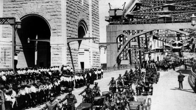 First Fleet of 1929 Harley-Davidson motor cycles for NRMA in procession at opening of Sydney Harbour Bridge in 1932.