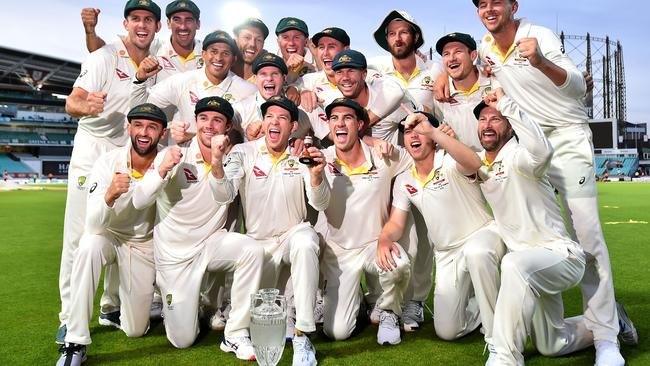 Tim Paine leads the team celebration after Australia retained the Ashes in the UK.