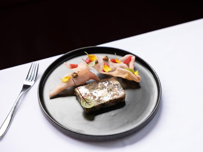 Duck and foie gras terrine with pickled rhubarb. Photograph David Kelly