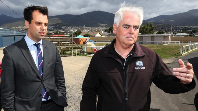 Labor housing spokesman Josh Willie, left, and Royal Agricultural Society chief executive Scott Gadd at the Showgrounds. Picture: CHRIS KIDD