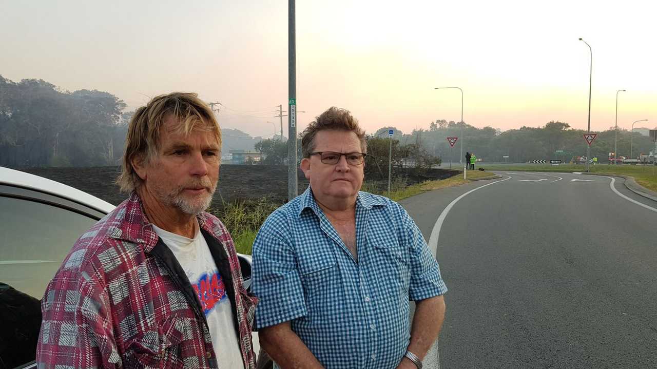 Adam Smith (left) and Kev Abbott have described the terrifying moment they were evacuated from their homes at Peregian Springs on Monday night. Picture: Scott Sawyer