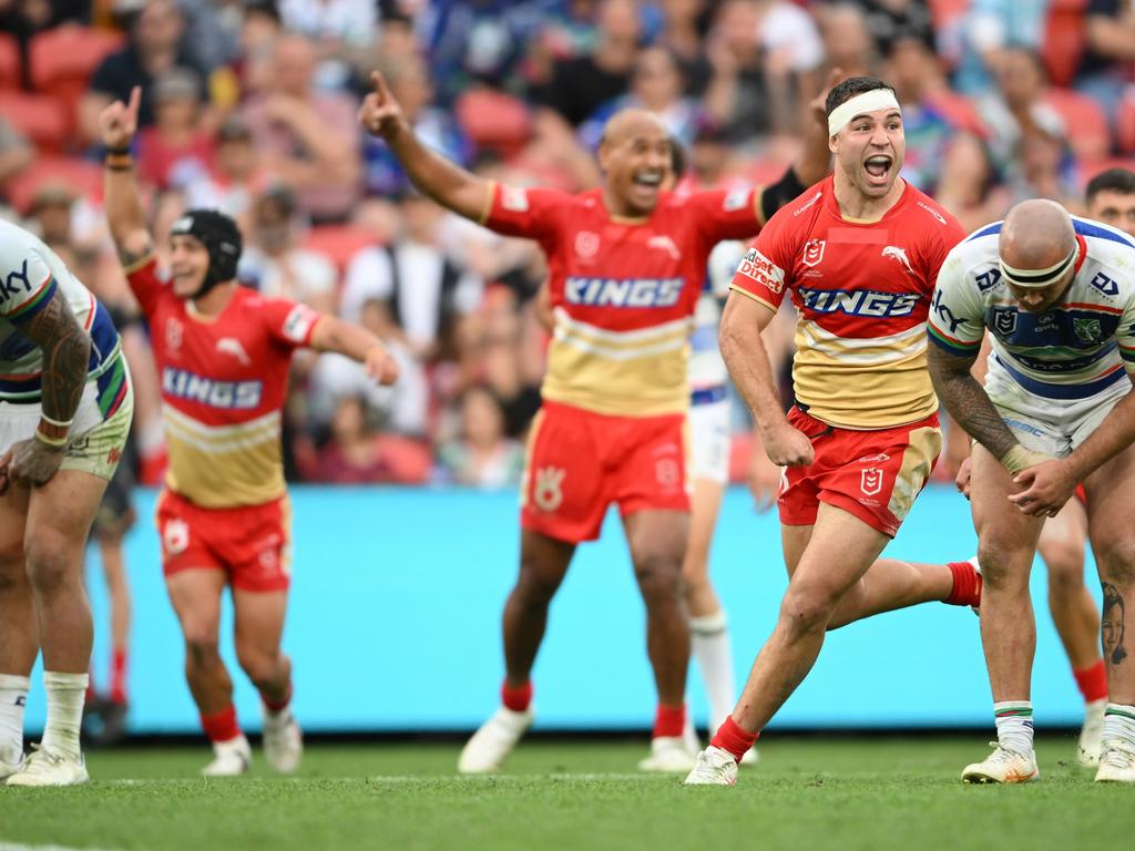 Sean O'Sullivan kicks a winning field goal for the Dolphins in extra time. Picture: Matt Roberts/Getty Images