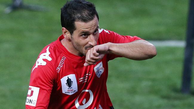 Sergio Cirio celebrates his goal against Perth Glory. Photo: Sarah Reed.