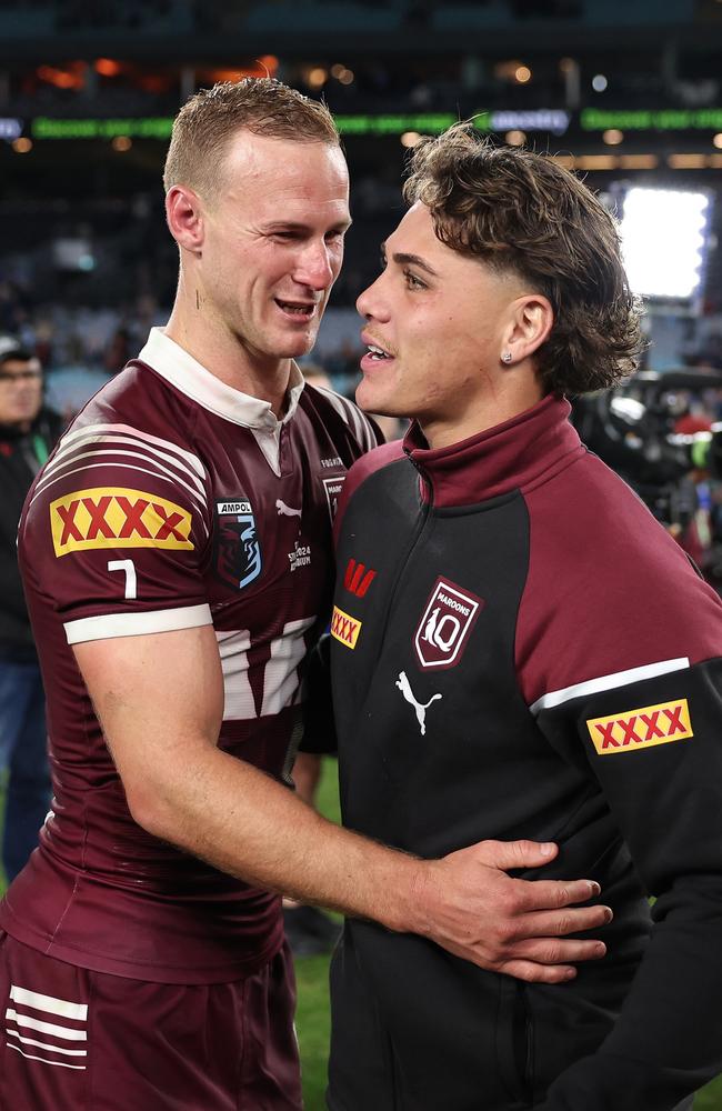 Maroons skipper Daly Cherry-Evans with Reece Walsh after Game 1. Picture: Cameron Spencer/Getty Images