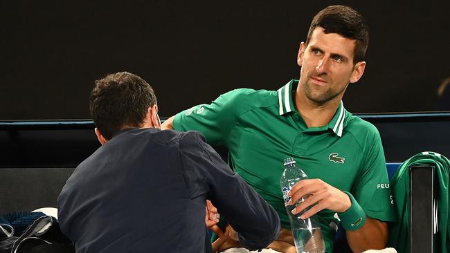 Novak Djokovic received treatment for a side strain. Picture: Getty Images