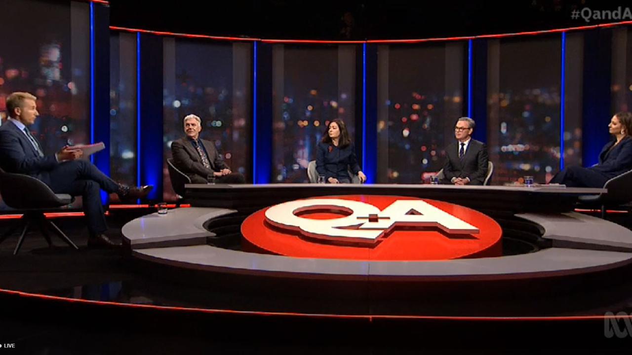 Q&amp;A host Hamish Macdonald with, left to right, Shaun Micallef, Terri Butler, Christopher Pyne and Brooke Boney. Picture: ABC