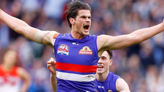 Tom Boyd celebrates after kicking a crucial goal for the Bulldogs. Picture: Getty Images