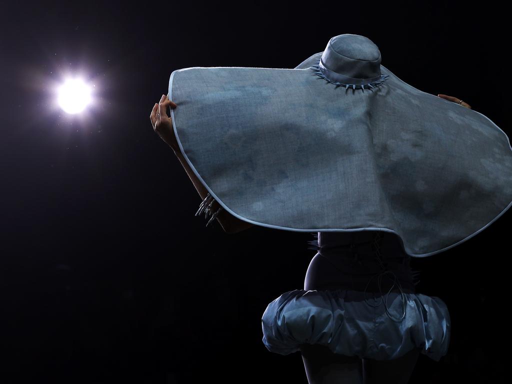 A model snapped strutting down the runway wearing a design by Bella Davies during the FDS: The Innovators show at Australian Fashion Week Presented by Pandora 2024 at Carriageworks. Picture: Getty