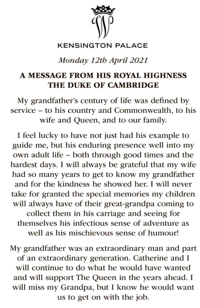 Prince William’s official statement following his grandfather's death.